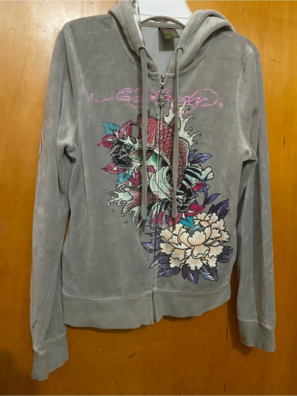 VINTAGE RARE- Ed Hardy Gray Floral Koi Zip Hoodie with Pink Logo